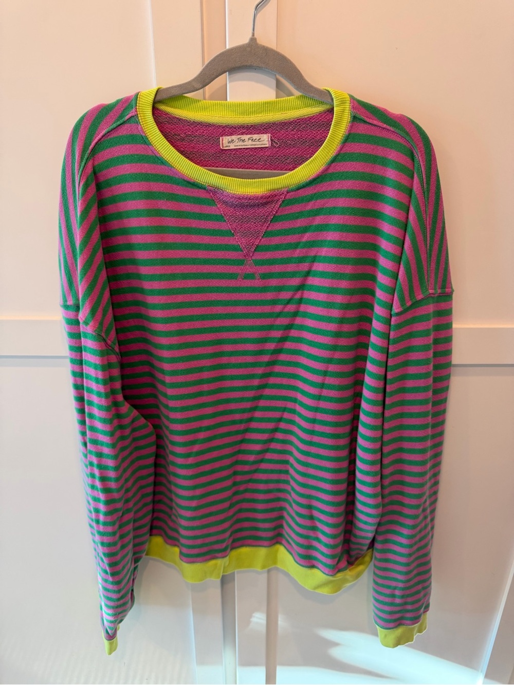 We The Free Neon Yellow Trim Pink & Green Stripe Crewneck Sweater